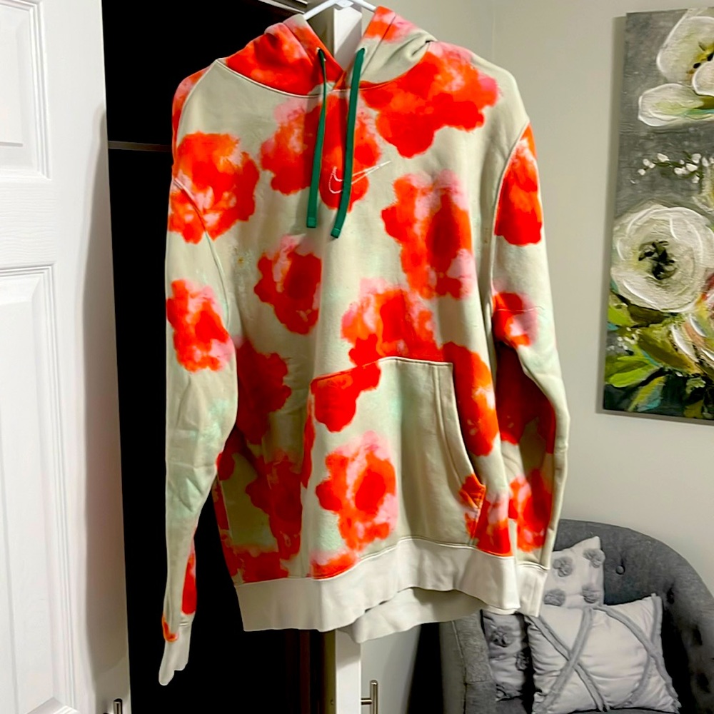 Rare Nike.Men's Floral Tie-Dye Hoodie - Cream with Red/Orange Print